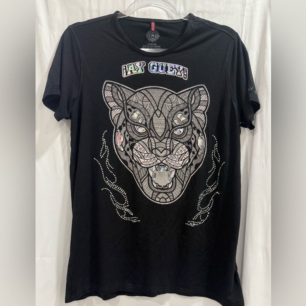 Ay Guey! T-Shirt Top Women's Size M Black Beaded Tiger Festival